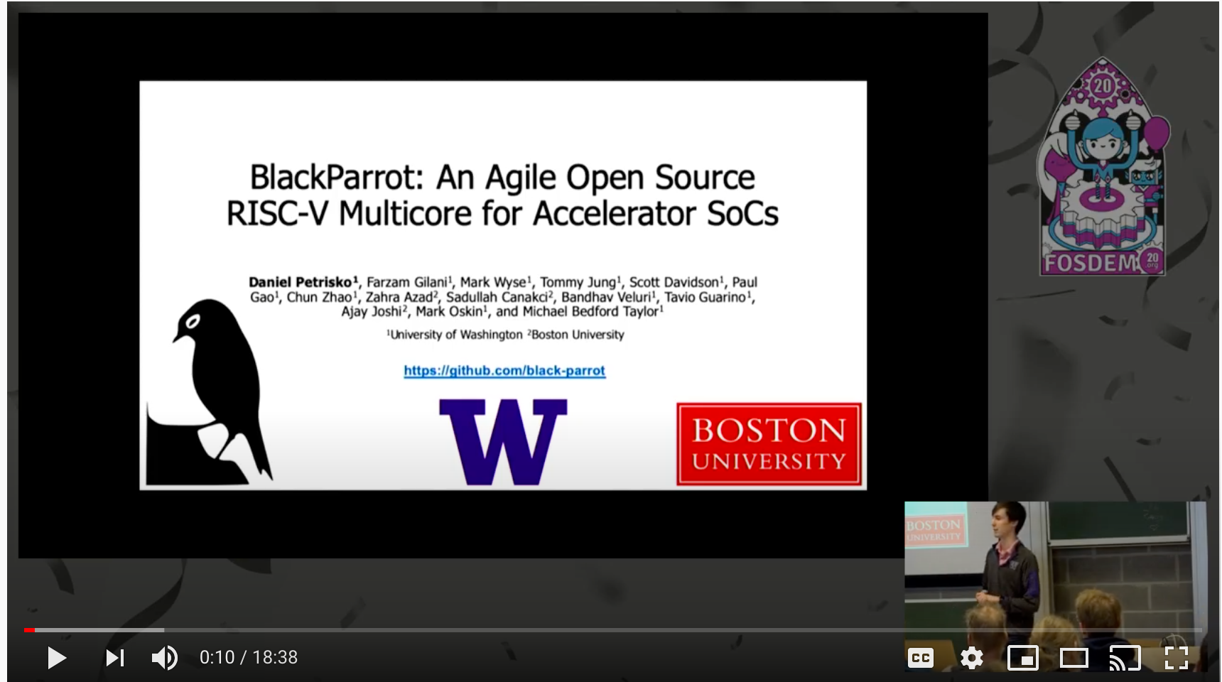 BlackParrot An Agile Open Source RISC-V Multicore for Accelerator SoCs | Dan Petrisko, FOSDEM (YouTube)